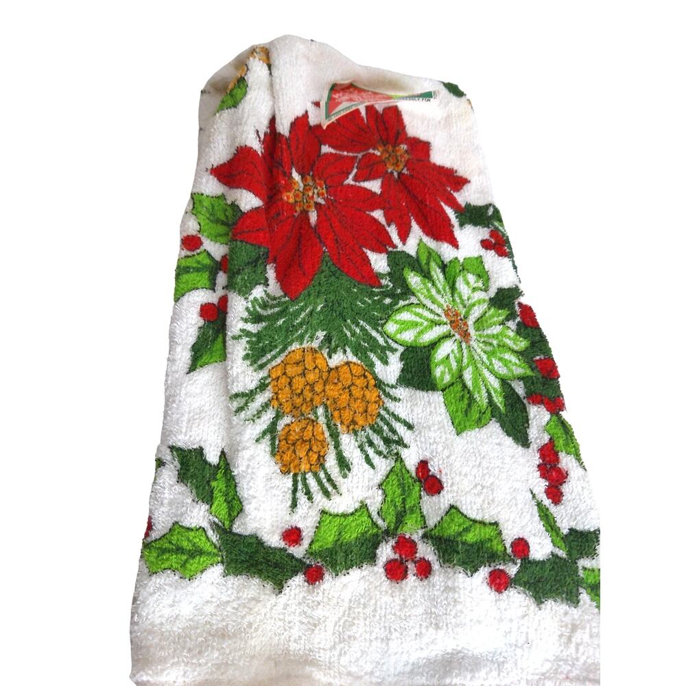 Vintage 1980s Christmas Holiday Poinsettia Kitchen Towels Set of 3 New Deadstock
